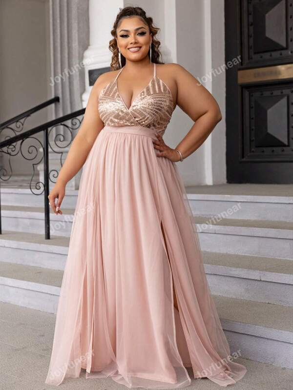 Joyfunear Plus Contrast Paiete Despicat Coaps Mesh Mesh Halter Rochie Formala