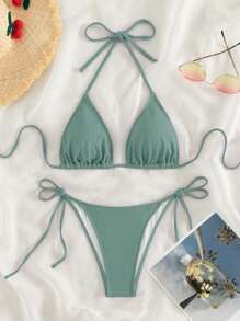 SHEIN Swim 2026 Spring/Summer Green Special Fabric Women's Swimsuit, Spaghetti Strap Halter Solid Color Sexy Side Tie Thong Bikini Two-Piece Swimwear - Mint Green - View 1