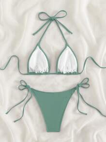 SHEIN Swim 2026 Spring/Summer Green Special Fabric Women's Swimsuit, Spaghetti Strap Halter Solid Color Sexy Side Tie Thong Bikini Two-Piece Swimwear - Mint Green - View 2