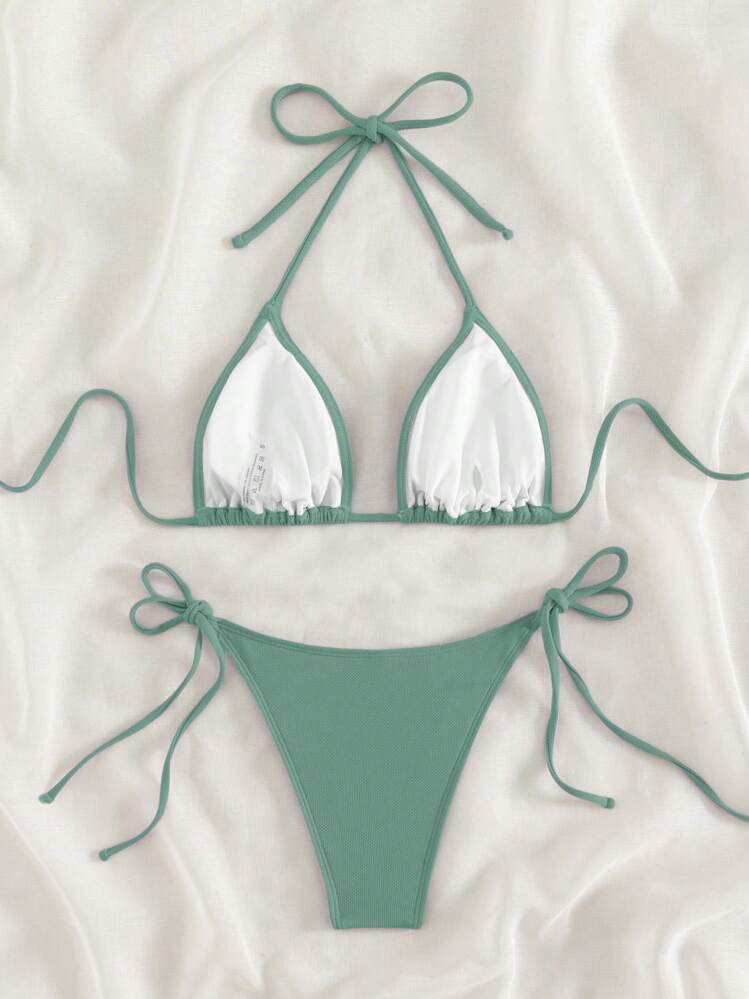 SHEIN Swim 2026春夏绿色特制面料女士泳衣，吊带露背纯色性感侧系带丁字比基尼两件式泳装 - 薄荷綠 - 查看 2