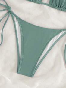 SHEIN Swim 2026 Spring/Summer Green Special Fabric Women's Swimsuit, Spaghetti Strap Halter Solid Color Sexy Side Tie Thong Bikini Two-Piece Swimwear - Mint Green - View 3