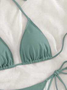 SHEIN Swim 2026 Spring/Summer Green Special Fabric Women's Swimsuit, Spaghetti Strap Halter Solid Color Sexy Side Tie Thong Bikini Two-Piece Swimwear - Mint Green - View 4