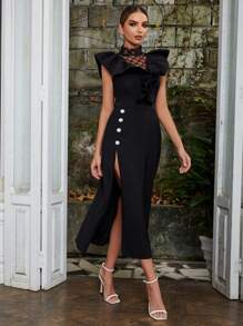 Contrast Mesh Ruffle Trim Split Thigh Dress - Black - View 1