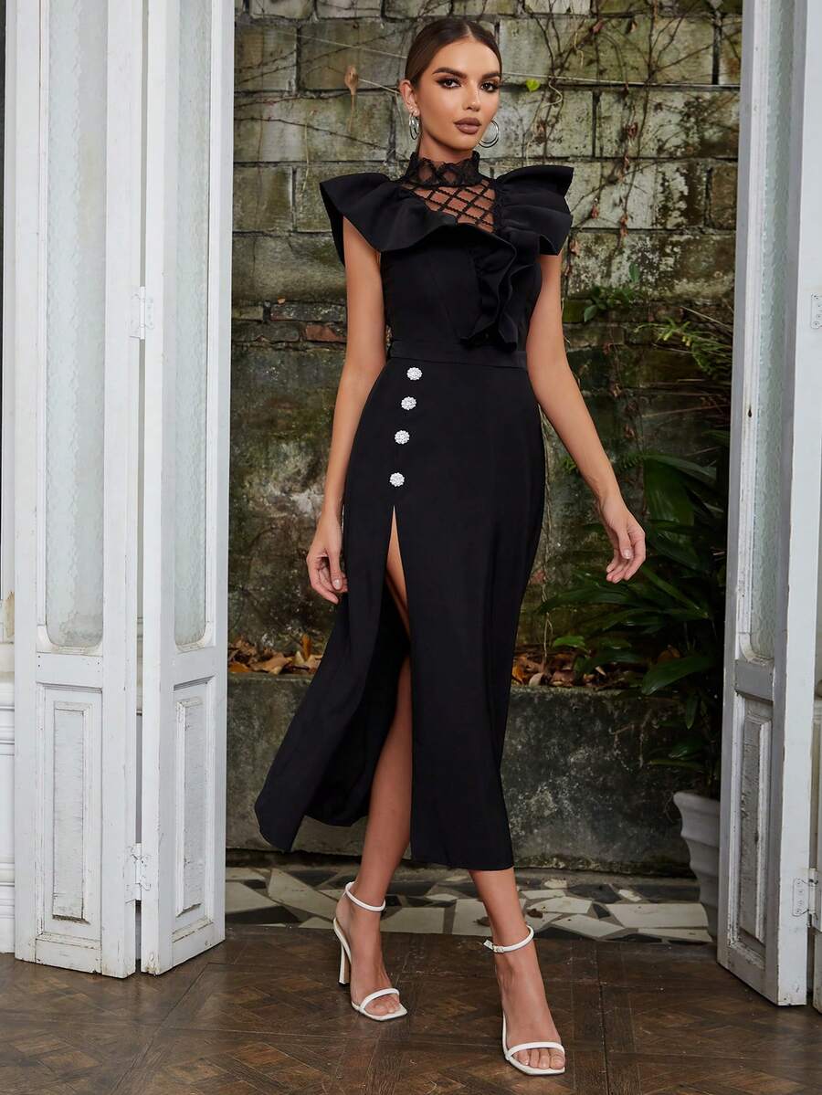 Contrast Mesh Ruffle Trim Split Thigh Dress - Black - View 1