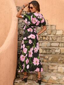 Floral Print Surplice Neck Knot Side Dress - Black - View 2