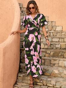 Floral Print Surplice Neck Knot Side Dress - Black - View 3