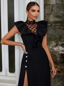 Contrast Mesh Ruffle Trim Split Thigh Dress - Black - View 3