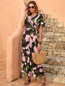 Floral Print Surplice Neck Knot Side Dress - Black - View 5