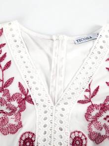 花卉刺繡貝殼邊燈籠袖洋裝 - 紫色 - 查看 7