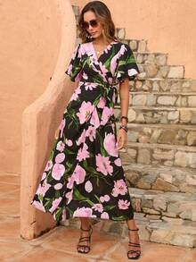 Floral Print Surplice Neck Knot Side Dress - Black - View 6