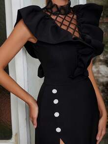 Contrast Mesh Ruffle Trim Split Thigh Dress - Black - View 6