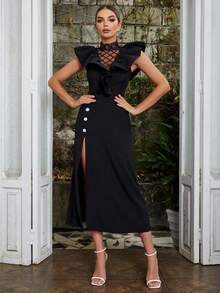 Contrast Mesh Ruffle Trim Split Thigh Dress - Black - View 7