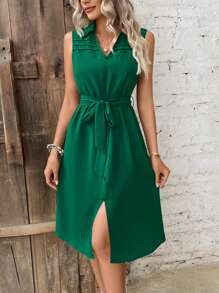 SHEIN LUNE 素色繫腰帶連衣裙 - 墨綠色 - 查看 1