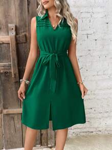 SHEIN LUNE 素色繫腰帶連衣裙 - 墨綠色 - 查看 4