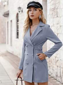 Simplee 雙排釦帶扣細節西裝連衣裙 - 霧霾藍 - 查看 1
