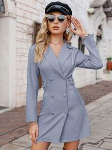 Simplee 雙排釦帶扣細節西裝連衣裙 - 霧霾藍 - 查看 4