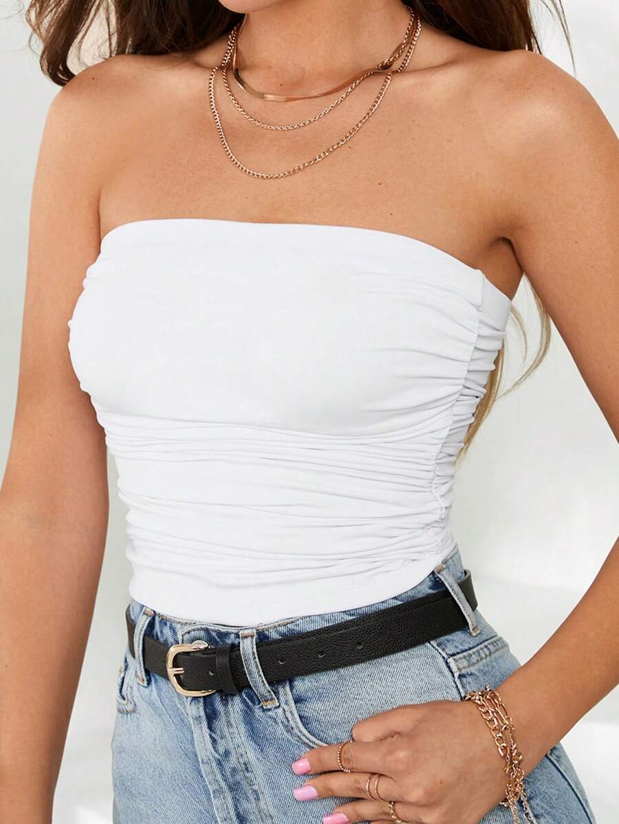 EURMUSE 素色褶邊抹胸上衣