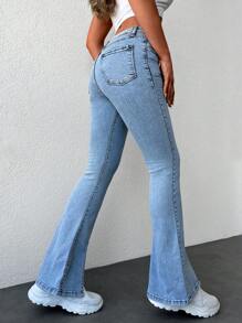 Cottnline Split Hem Flare Leg Jeans - Light Wash - View 2