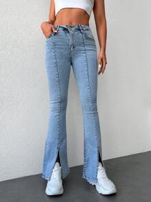 Cottnline Split Hem Flare Leg Jeans - Light Wash - View 3