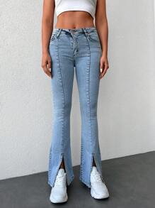 Cottnline Split Hem Flare Leg Jeans - Light Wash - View 4