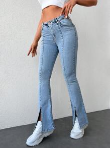 Cottnline Split Hem Flare Leg Jeans - Light Wash - View 5