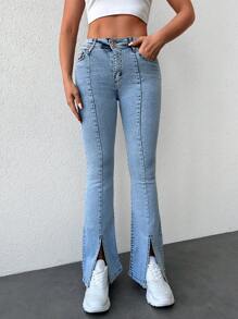 Cottnline Split Hem Flare Leg Jeans - Light Wash - View 6