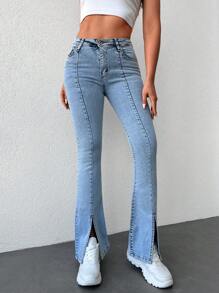 Cottnline Split Hem Flare Leg Jeans - Light Wash - View 7