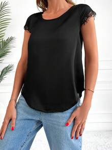 EURMUSE 素色拼接蕾絲邊襯衫 - 黑色 - 查看 4