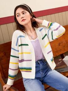 少女条纹落肩开衫 - 白色 - 查看 1