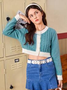 Teen Girl Contrast Trim Button Front Cable Knit Crop Cardigan - Cadet Blue - View 1
