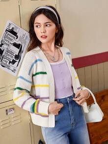 少女条纹落肩开衫 - 白色 - 查看 4