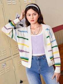 少女条纹落肩开衫 - 白色 - 查看 5