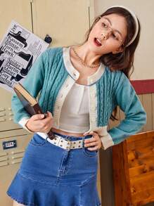 Teen Girl Contrast Trim Button Front Cable Knit Crop Cardigan - Cadet Blue - View 4