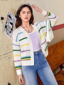 少女条纹落肩开衫 - 白色 - 查看 6