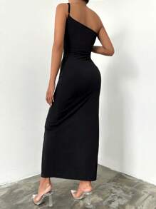EURMUSE Solid One Shoulder Split Thigh Bodycon Dress - Black - View 2