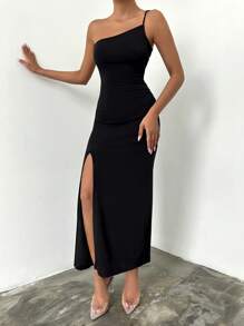 EURMUSE Solid One Shoulder Split Thigh Bodycon Dress - Black - View 3