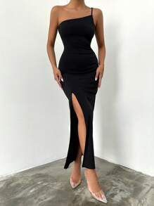 EURMUSE Solid One Shoulder Split Thigh Bodycon Dress - Black - View 4