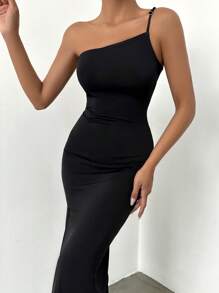 EURMUSE Solid One Shoulder Split Thigh Bodycon Dress - Black - View 5