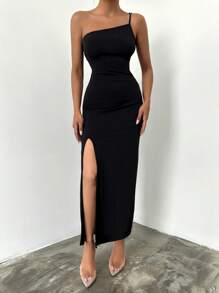 EURMUSE Solid One Shoulder Split Thigh Bodycon Dress - Black - View 6