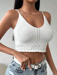 Chất rắn Ngắn Cami Knit Top - trắng - Xem 5