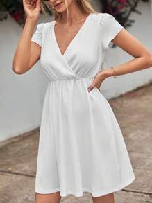 EURMUSE Solid Surplice Neck A-line Dress - White - View 1