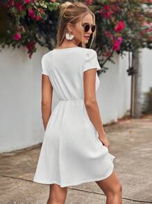 EURMUSE Solid Surplice Neck A-line Dress - White - View 2