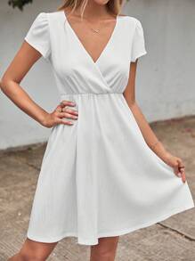 EURMUSE Solid Surplice Neck A-line Dress - White - View 3