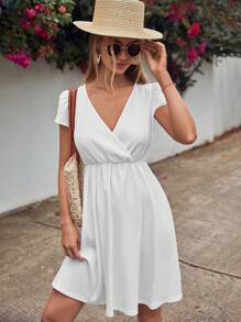 EURMUSE Solid Surplice Neck A-line Dress - White - View 5