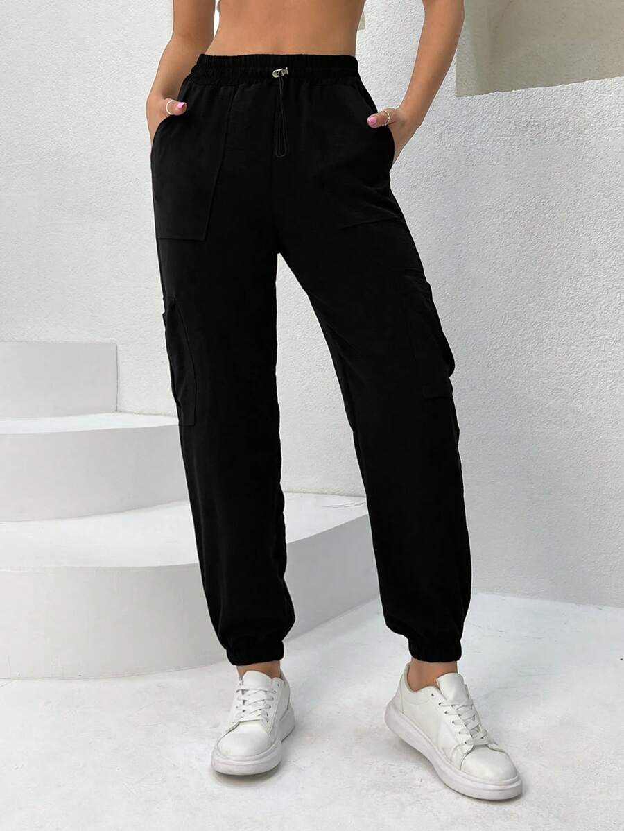 EURMUSE Solid Flap Pocket Side Cargo Trousers - Black - View 1