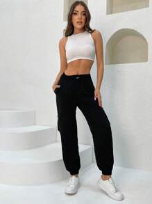 EURMUSE Solid Flap Pocket Side Cargo Trousers - Black - View 3