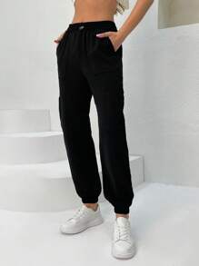 EURMUSE Solid Flap Pocket Side Cargo Trousers - Black - View 4