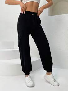 EURMUSE Solid Flap Pocket Side Cargo Trousers - Black - View 5