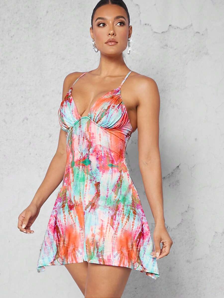 SHEIN BAE 紮染露背繞頸洋裝 - 彩色 - 查看 1