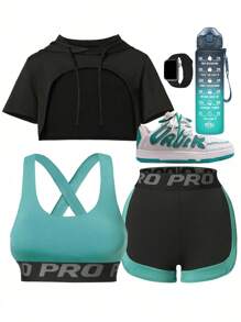 SHEIN Sports 3Pcs Letter Tape Sports Set Workout Clothes - Multicolor - View 1